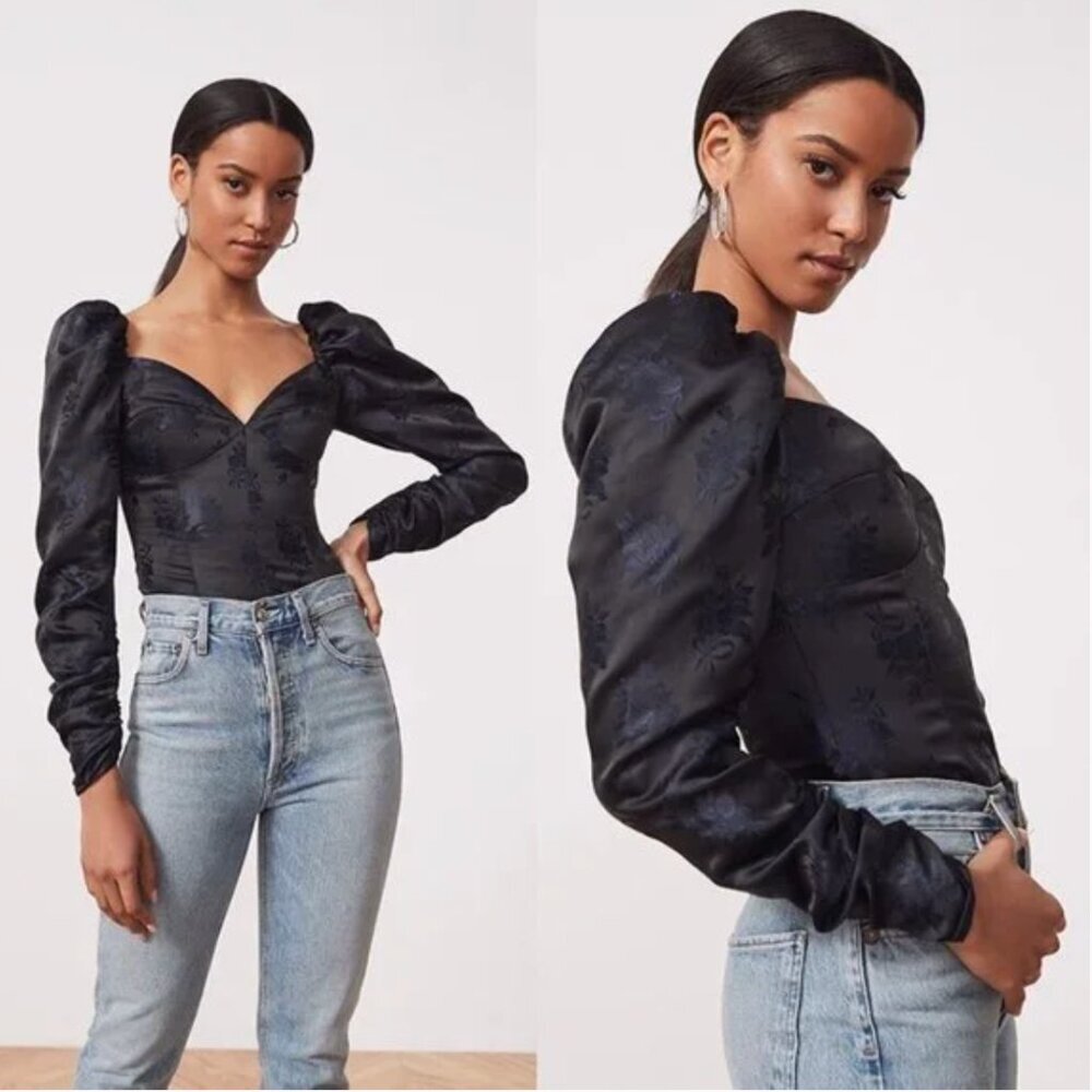 Song of Style Leona Top Puff Sleeve in Navy & Black XS floral silky